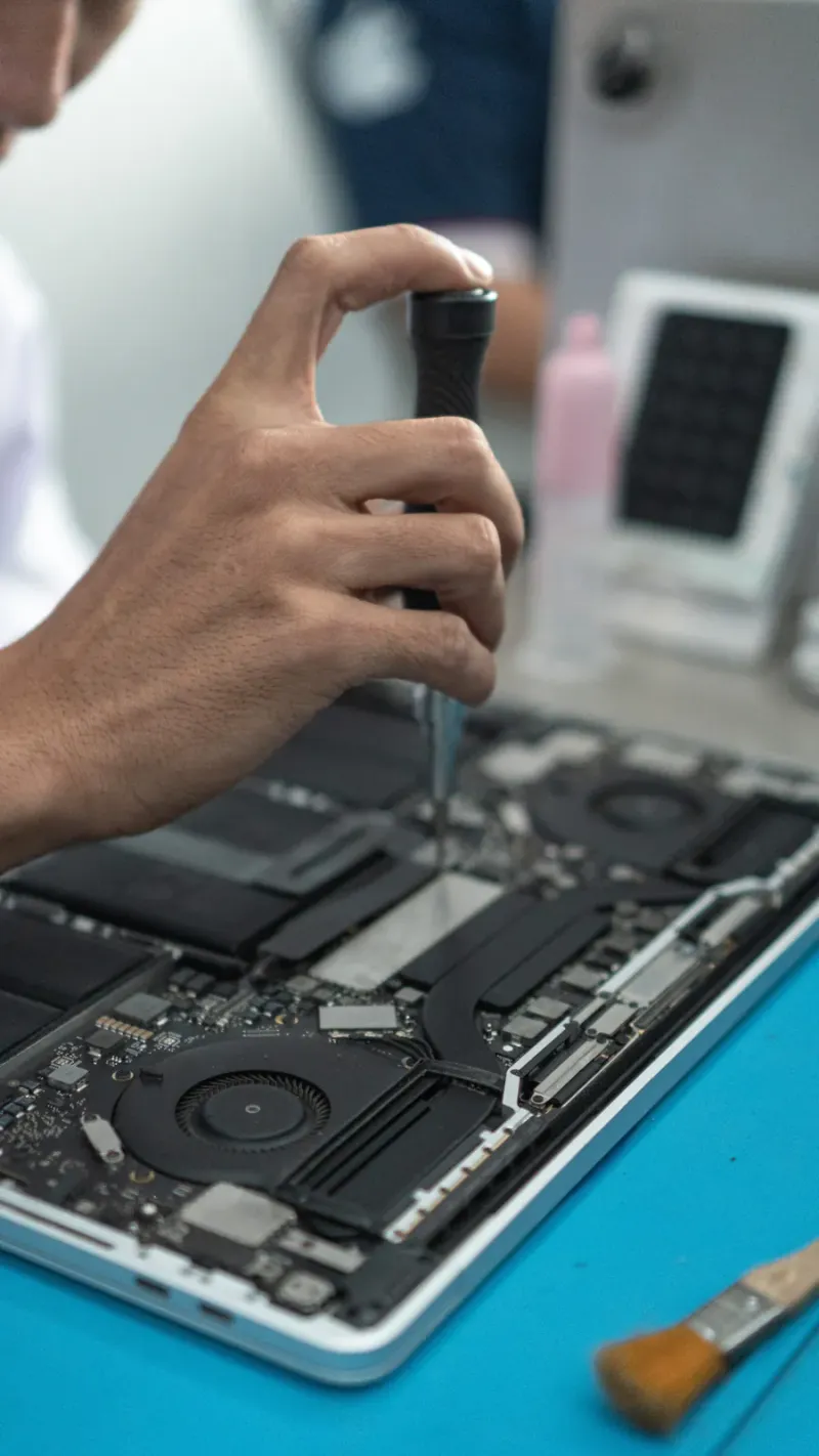 Teknisi memperbaiki smartphone di meja kerja